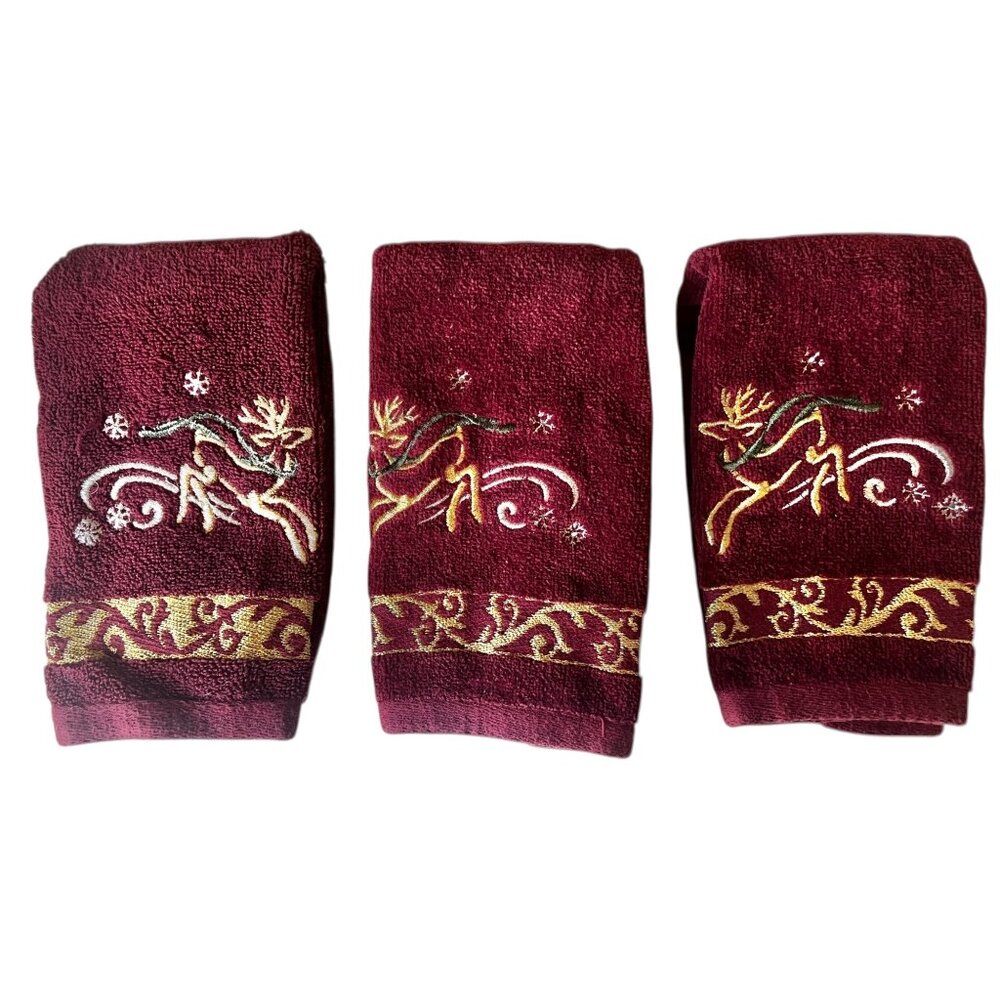 3 Christmas Reindeer Hand Towels 17X10.5Maroon w/ Gold Embroidery 99% Cotton